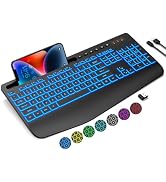 Trueque Wireless Keyboard with 7 Colored Backlits, Wrist Rest, Phone Holder, Rechargeable Ergonom...