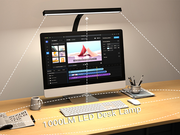 Text reads '1000LM LED Desk Lamp'. Desktop workspace setup with black LED lamp illuminating dual monitor display and wireless keyboard.