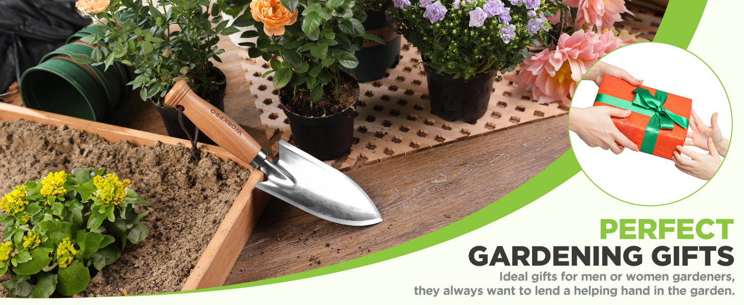 Text reads "PERFECT GARDENING GIFTS." Gardening hand shovel tool positioned in soil among flowers and plants in garden setting.