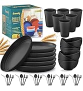Wheat Straw Dinnerware Sets,42-Piece Black Plates and Bowls Sets for 6-Unbreakable,Reusable Plast...