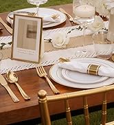WDF Partyware 350Piece Gold Dinnerware Set for 50 Guests - Gold Plastic Plates with Disposable Cu...