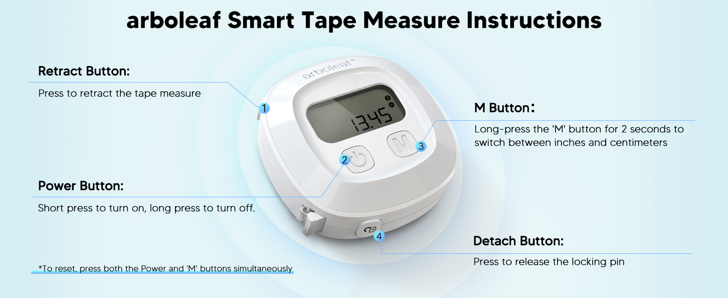 Body measuring tape with buttons to retract, detach, switch units, and power on or off for easy use