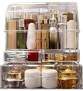 UShioart Clear Large Acrylic Makeup Organizer With Lid Cosmetic Storage Drawers Portable Makeup O...