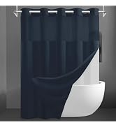 SORTTO No Hook Slub Textured Shower Curtain with Snap in Liner - Navy Fabric Outer Curtain &amp; Wate...