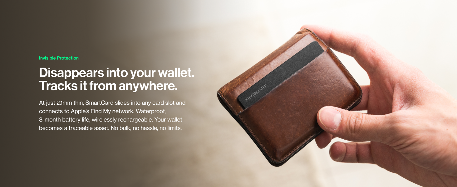 Text reads 'Disappear into your winter. Track it from anywhere.' Hand holding brown leather wallet against dark background.