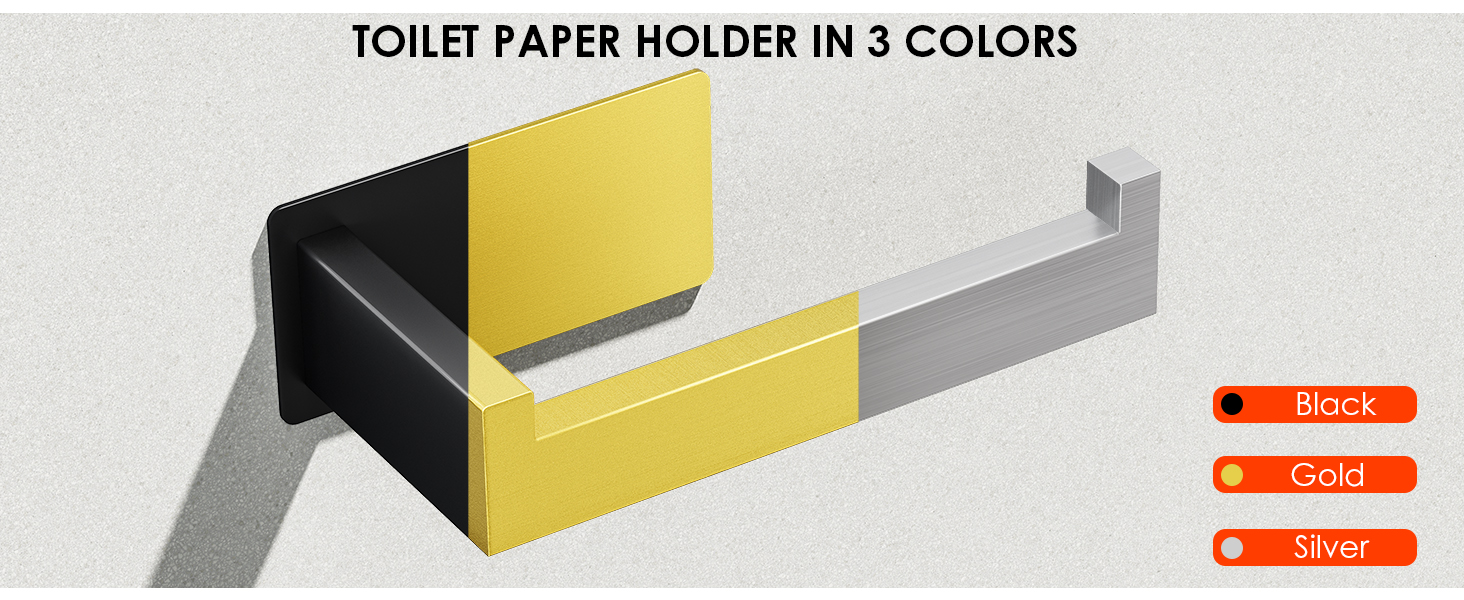 Auxmir toilet paper holder available in 3 colors: black, silver, gold, modern bathroom accessory