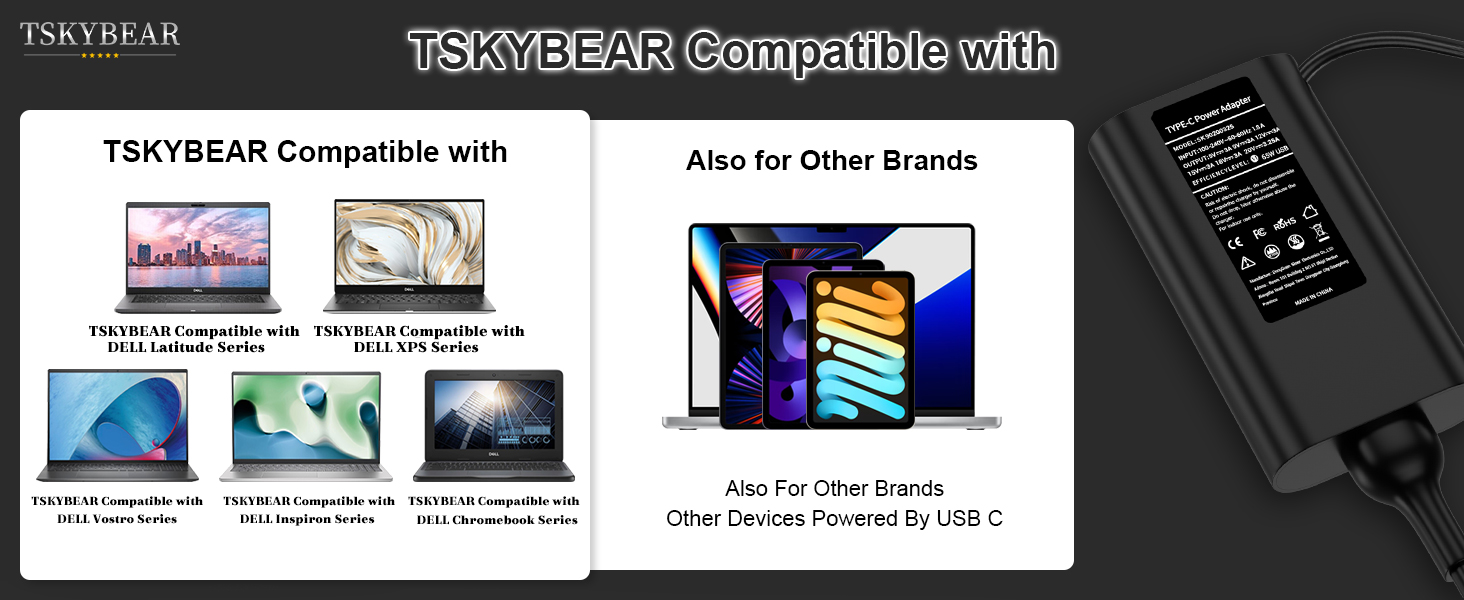 TSKYBEAR Compatible with dell latitude 7400 2-in-1 laptop charger; chromebook charger