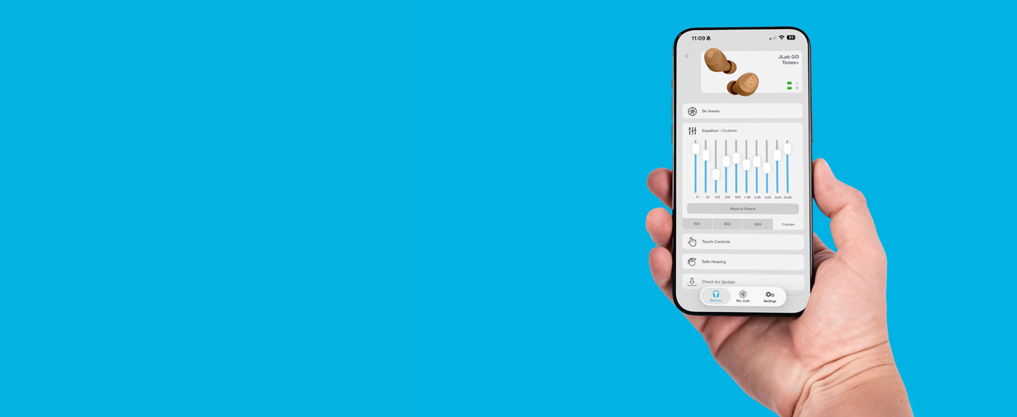 go tones + loaded on the jlab app on a phone screen
