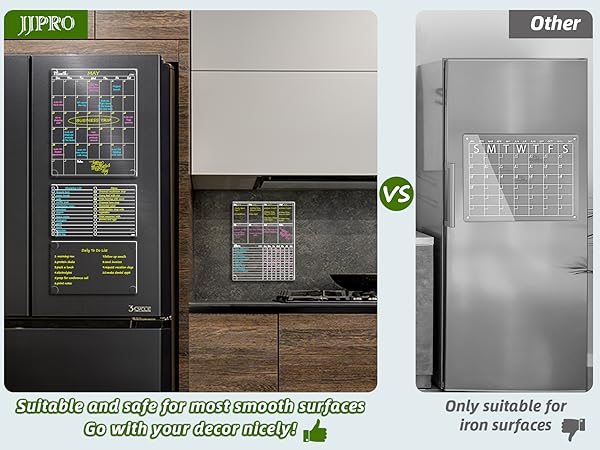 It can stick to any smooth surfaces such as stainless steel fridge, cabinets, and ceramics wall.