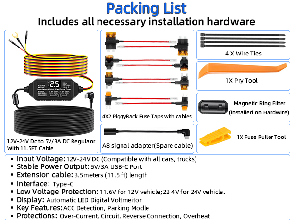 Dash Cam Hardwire Kit USB C, 12V-24V to 5V Type C Hardwire Kit with LED Voltmeter