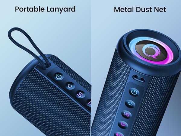Text reads 'Portable Lanyard' and 'Metal Dust Net'. Series of images showing a black portable electronic device with LED lighting effects and various interface elements.