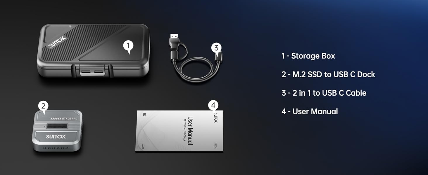 Package includes aluminum M.2 SSD reader, 2-in-1 USB C cable, and portable carrying case.