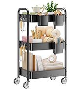 YASONIC 3 Tier Rolling Cart - Metal Utility Cart with Wheels, Hanging Cups, Hooks, Heavy Duty Mes...