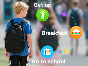 Text reads 'Get up', 'Breakfast', 'Go to school'. Mobile app interface showing daily routine schedule with icons and navigation elements.