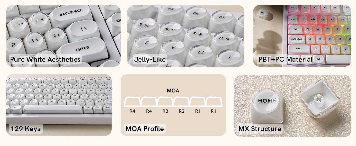 pure white aesthetics, jelly-like transparent top, PBT+PC material, 129-key set, MOA profile