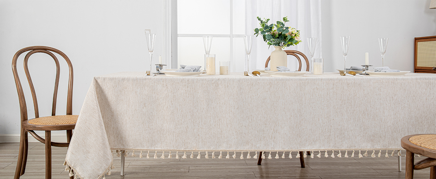 Wrinkle Free Table Cover with Beige Tassels for Kitchen Dining, Party