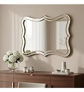 USHOWER Fleuron Irregular Wavy Bathroom Mirror 32"x24", Silver Elegant Asymmetrical Accent Mirror...