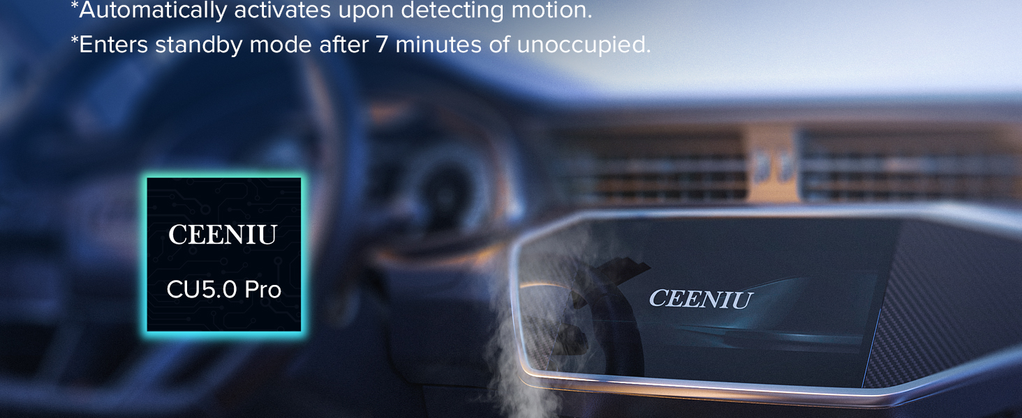 Car dashboard with device labeled 'CLEENJU CU5.0 Pro'. Text indicates automatic activation on motion detection and standby mode after 7 minutes.