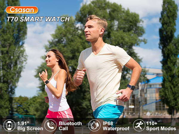 Corscan T70 smart watch with 1.41" screen, featuring Bluetooth calling and IP68 waterproof rating, shown with sport mode capabilities in outdoor setting.