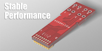 Red rectangular circuit board with multiple gold-plated connectors and white text 'Stable Performance' overlaid on the image.