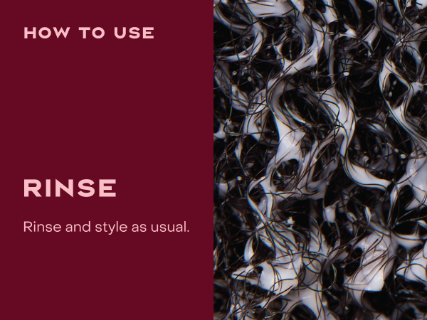 Close up of wet, curly hair covered in shampoo, next to rinsing instructions.