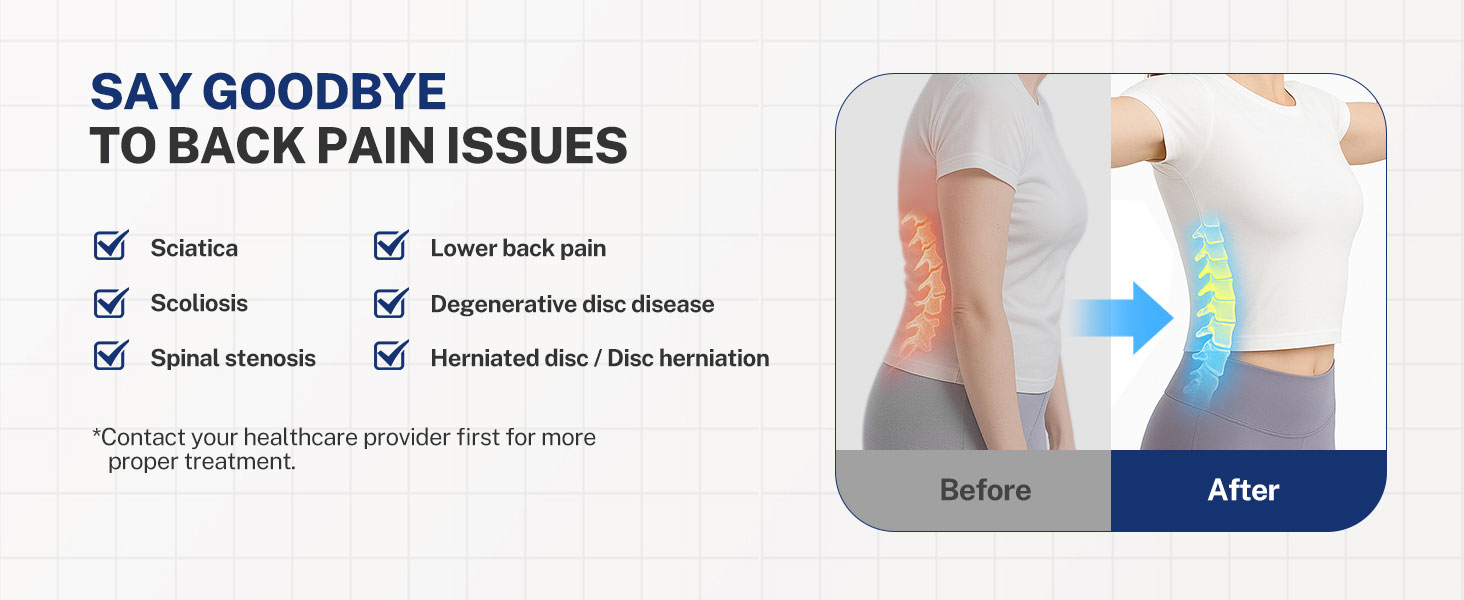 Medical infographic showing back pain conditions and a before/after image of a human spine. Lists conditions like sciatica, scoliosis, and herniated disc. Illustrates pain reduction with color-coded spine images.