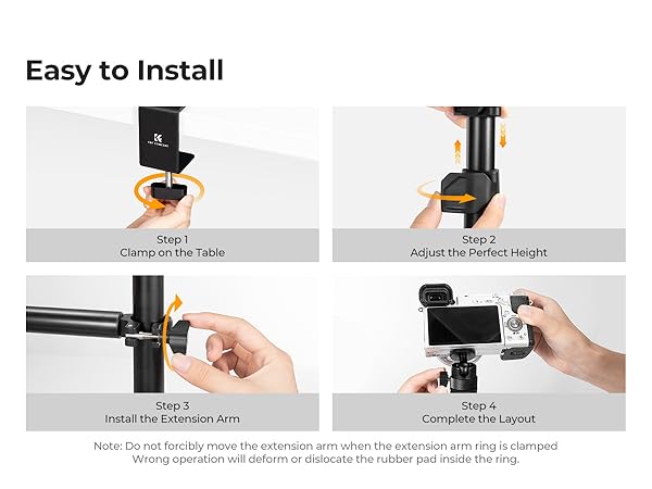 Text reads: 'Easy to Install' followed by 4 numbered steps: 'Step 1: Clamp on the Table', 'Step 2: Adjust the Perfect Height', 'Step 3: Install the Extension Arm', 'Step 4: Complete the Layout'. Note warning about extension arm movement. Installation guide shows mounting process for camera/phone holder system.