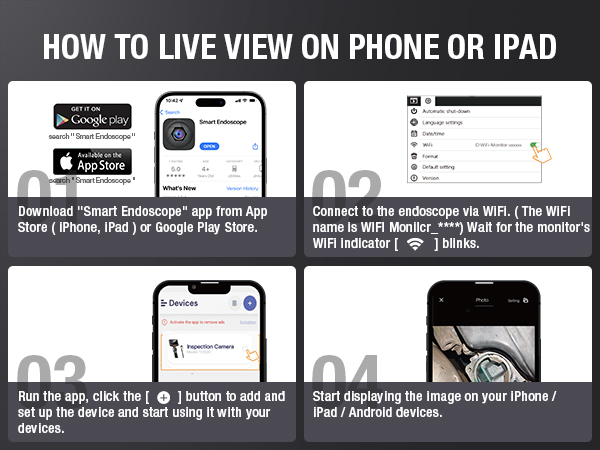 endoscope borescope inspection camera scope snake display on phone iphone ipad