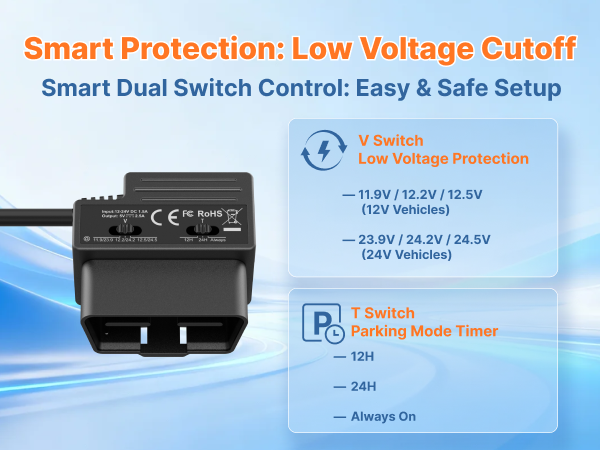 OBD2 Dash Cam Power Lead, Low Voltage Protection, Battery Drain Prevention