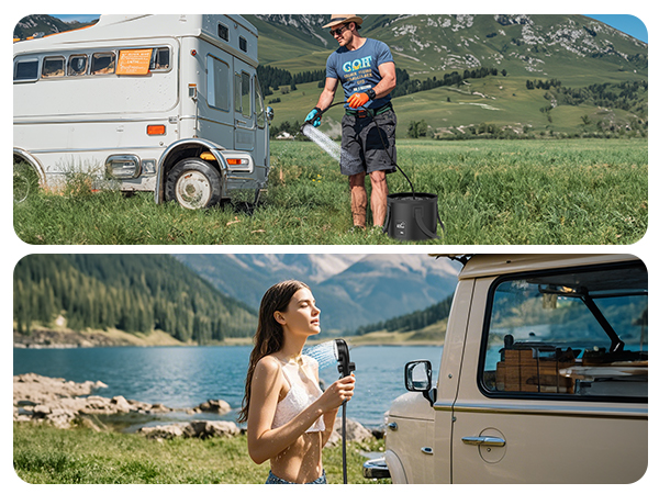 hiking, traveling, pets bathing, garden watering, backyard cleaning and outdoor camping shower