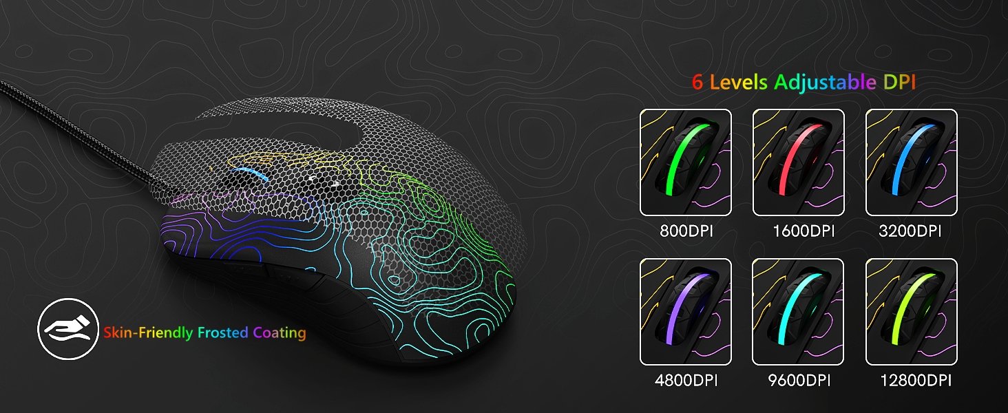 Wired Gaming Mouse,Black RGB Mouse,Computer Mouse Topographic