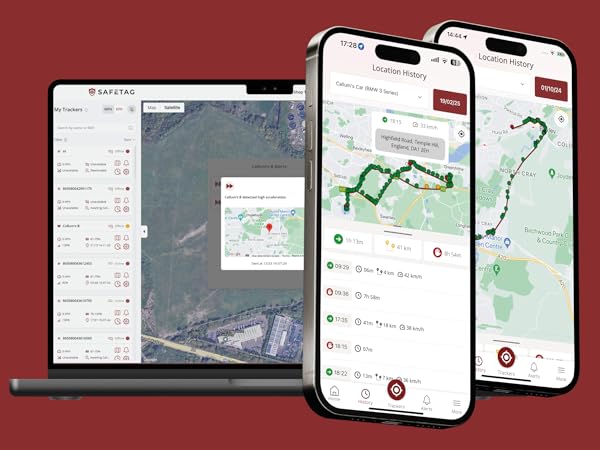 Three devices displaying a mapping application with route tracking. A laptop shows satellite imagery, while two smartphones display street maps with highlighted routes and navigation information.