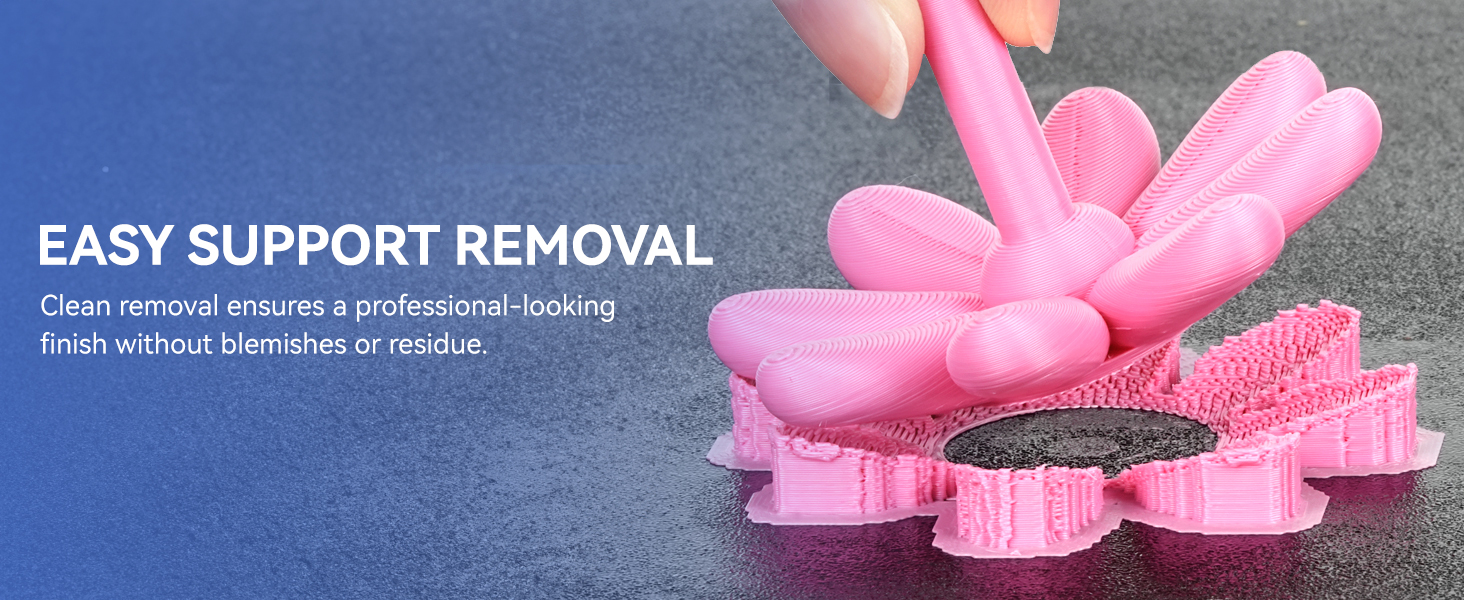 Pink 3D printed flower-shaped object being removed from blue surface. Text reads 'EASY SUPPORT REMOVAL' and mentions clean removal for professional-looking finish.