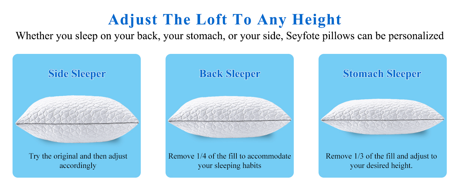 Adjustable memory foam pillow customizable fit for all sleep positions back, side, stomach sleepers