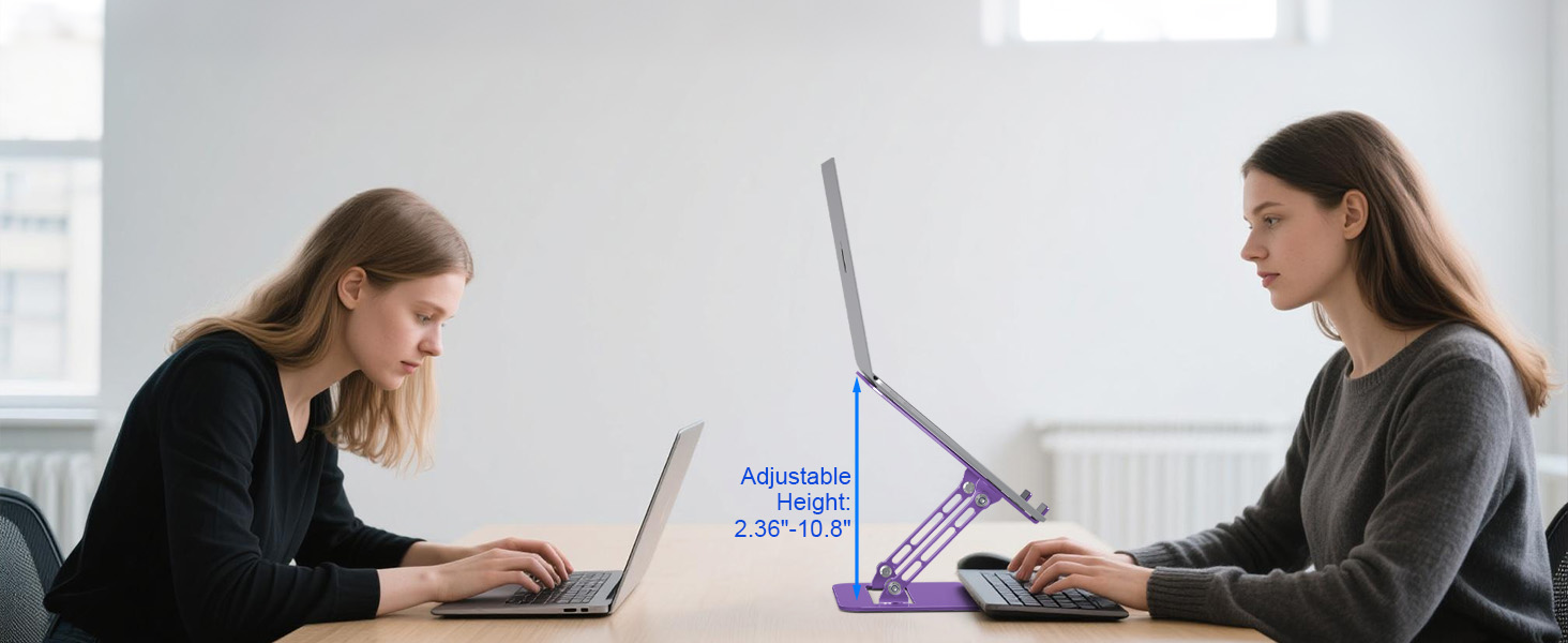 Ergonomic laptop stand adjusts to a comfortable eye level, helping relieve neck &amp; back pain