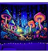 SparkLia Fantasy Mushroom Tapestry, Blacklight Fantastic Magical Night Aesthetic Glowing Forest w...