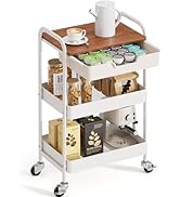 TOOLF 3-Tier Metal Utility Rolling Cart with Drawer &amp; Wooden Table Top, Storage Cart White Trolle...