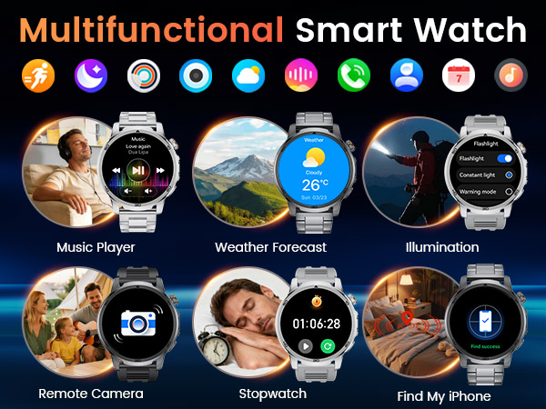 Text reads 'Multifunctional Smart Watch' with colorful app icons displayed. Digital smartwatch showing multiple watch faces and functional features including music player, weather, automation, calendar, and fitness tracking capabilities.