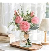 JOHOUSE Fake Flowers in Vase, 12.5 Inch Pink Artificial Flowers with Vase Real Touch Artificial R...