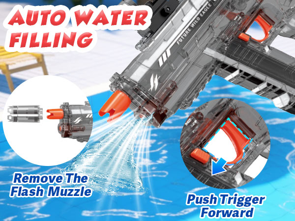 Electric water gun with one-button automatic suction and self-priming for rapid water refill.