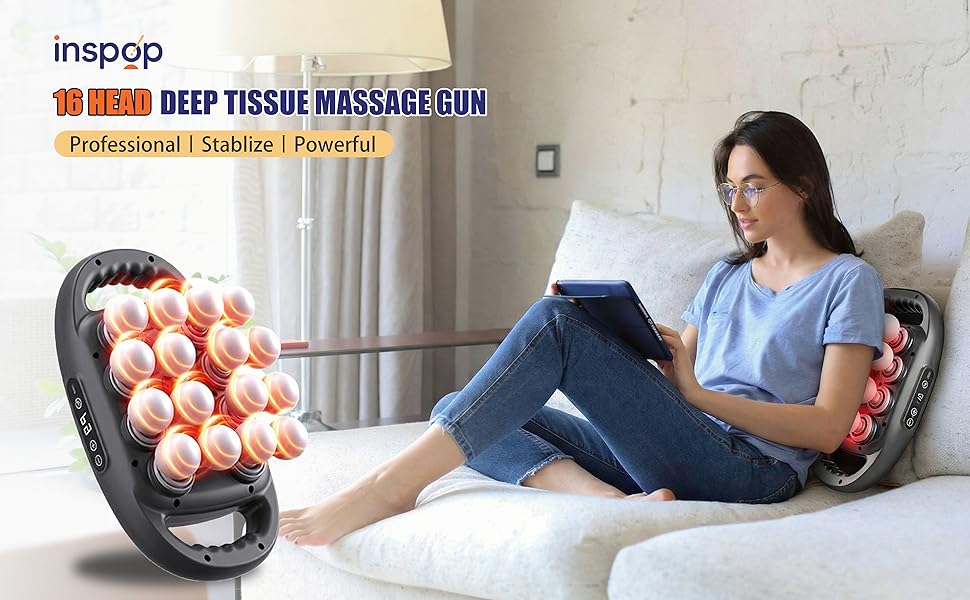 A woman is reading a book on a sofa, with a massager behind her.
