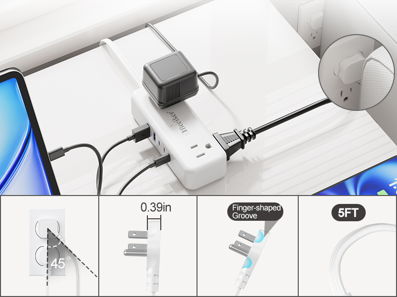 portable travel power strip with 5 usb ports and 5ft extension cord