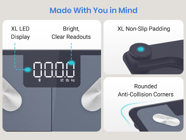 XL LED display, bright clear readouts, XL non-slip padding and rounded anti-collision corners