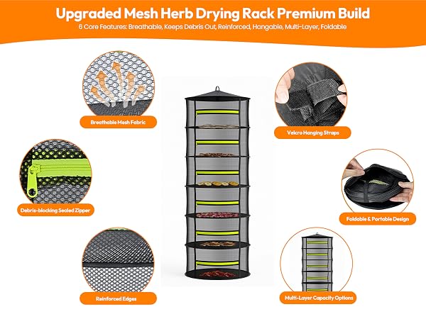 Foldable hanging plant dryer with breathable mesh and reinforced details
