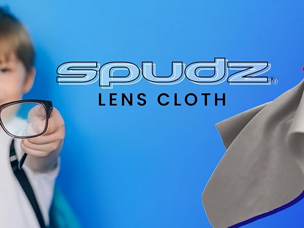 Kid holding out glasses with clean lenses and a spudz pouch with the microfiber cloth unfurled.