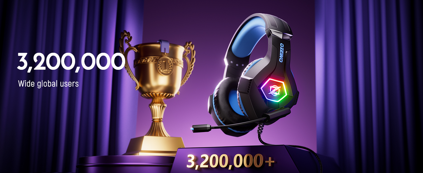 Gaming headset with blue illuminated earcups next to a golden trophy. Text indicates over 3,200,000 global users of the product.