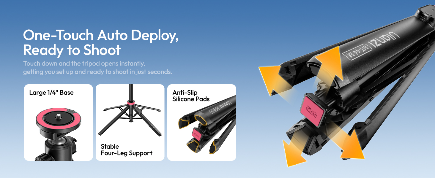 Text reads "One-Touch Auto Deploy, Ready to Shoot", "Large UV Reflector", "Anti-Slip Tripod Support", "Easy Angle Support". Photography tripod with ball head mount displayed with detachable components and quick-deploy mechanism highlighted.