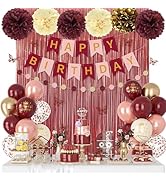 Burgundy Birthday Decorations for Women Girls, Pearl Pink Rose Gold Sand Metallic Printed Balloon...