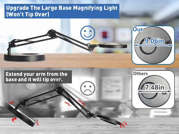 Upgrade 9.06inch Large Base Magnifying Light (Won&amp;#39;t Tip Over) magnifier with light hands free