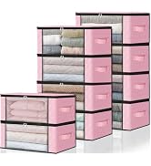 HomeHacks 10-Pack Clothes Organizer Storage Bags, 35L Storage Bins, Pink | Foldable Storage Box C...